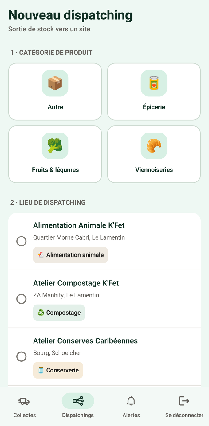 Application Android K’Fet, écran de nouveau dispatching : choix d’une catégorie de produit parmi quatre, puis d’un site destinataire — alimentation animale, compostage, conserverie.