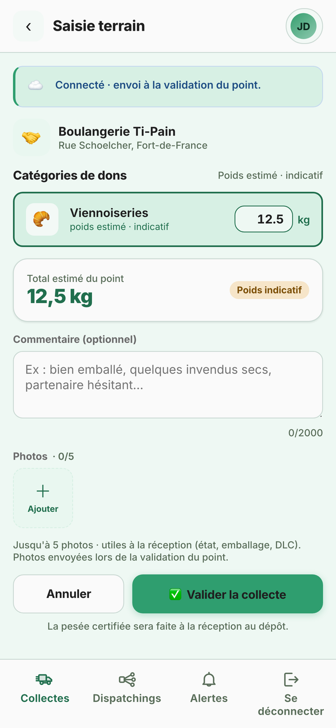 Application terrain K’Fet dans un navigateur mobile : bandeau d’état de connexion, partenaire Boulangerie Ti-Pain, saisie d’un poids estimé de 12,5 kg en viennoiseries, ajout de photos, bouton Valider la collecte.